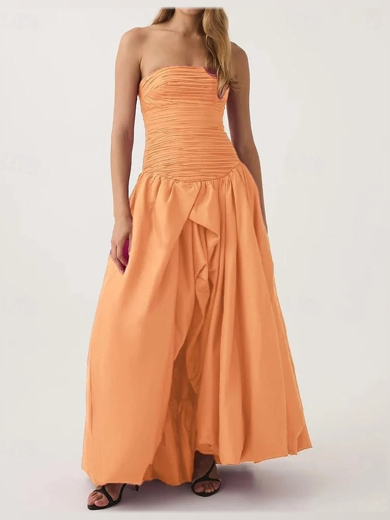 Orange maxi prom dress, alternate view showing the skirt and hem