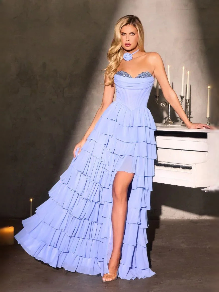 Blue high-low prom dress, alternate view showing the skirt and hem