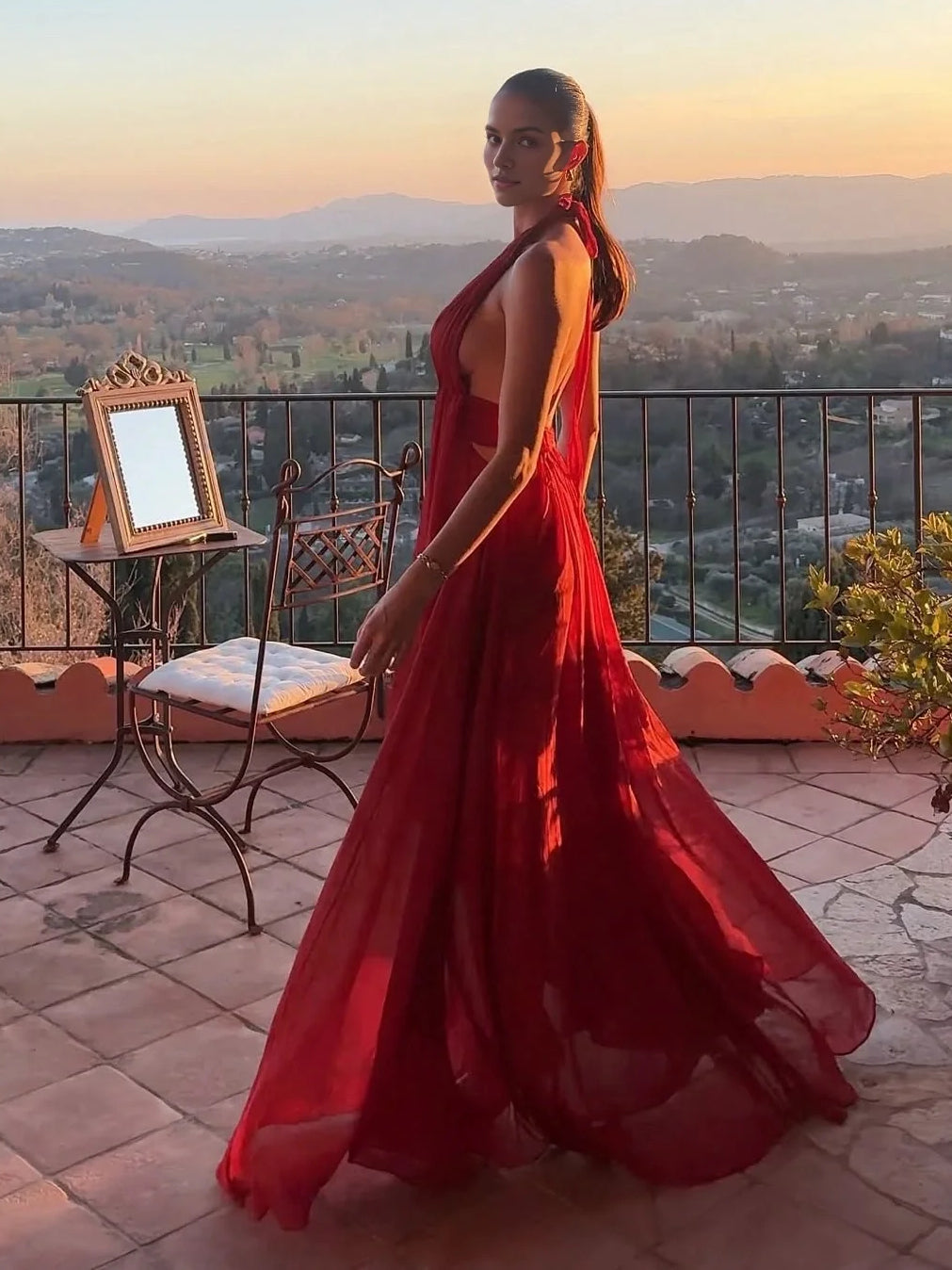 Champagne sheath floor-length formal dress with cutout detail, alternate view showing the skirt