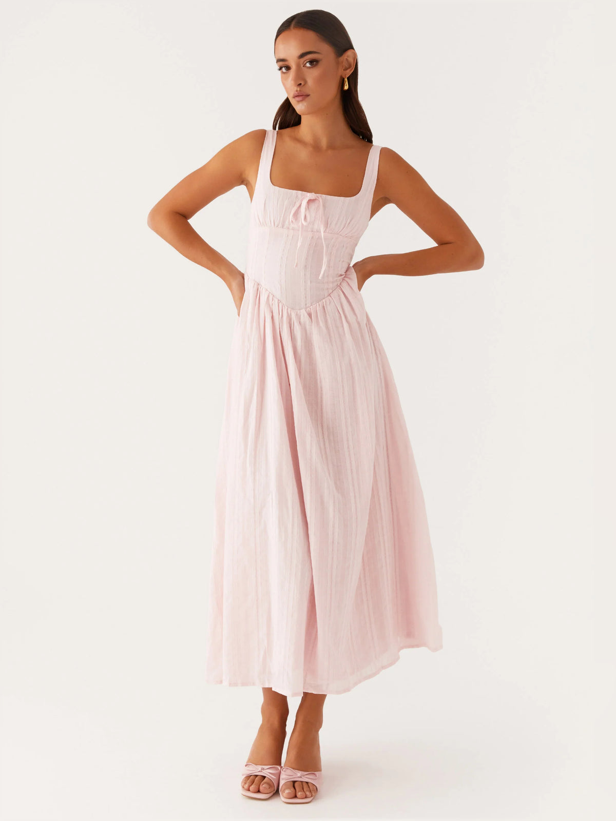 Pink midi formal dress, alternate view showing the skirt