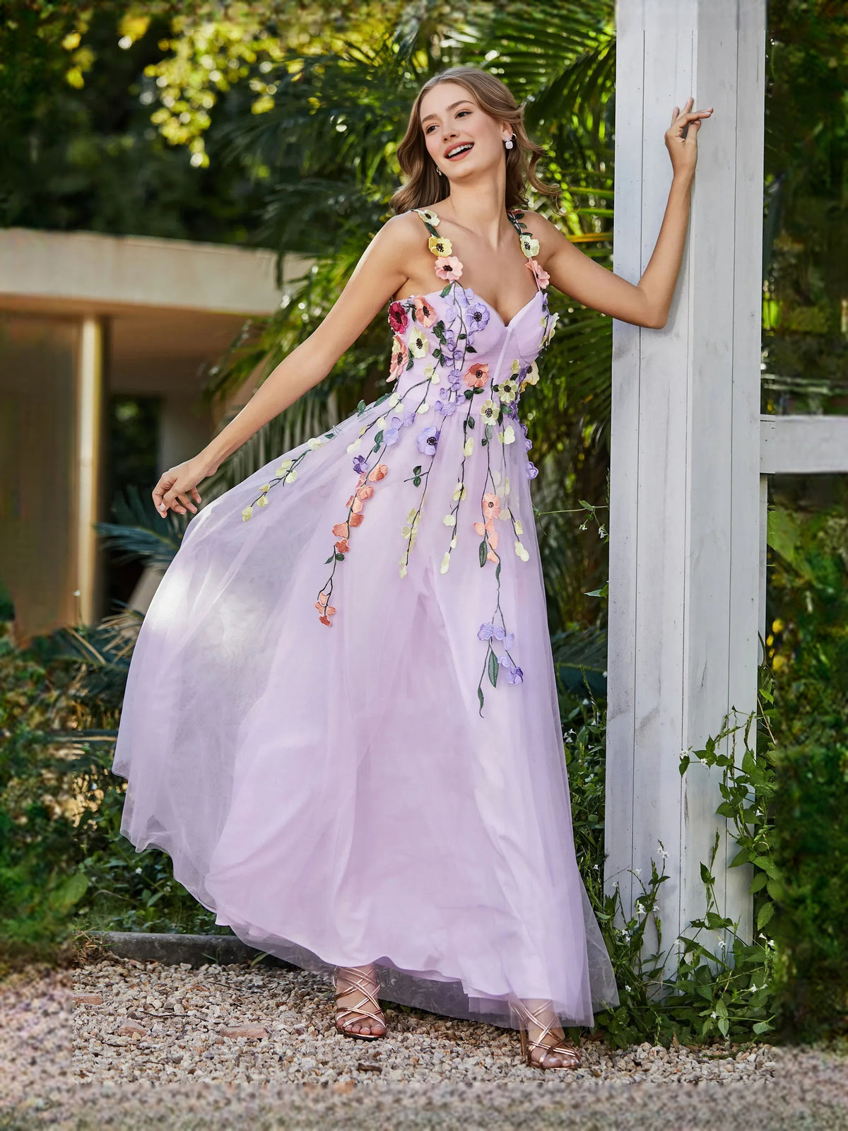 Lilac floor-length prom dress, alternate view showing the skirt and hem