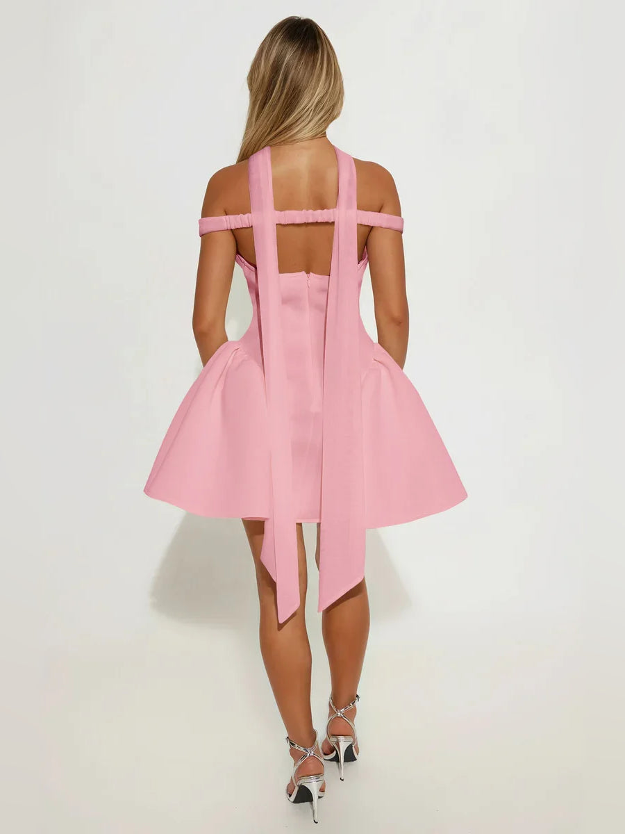 Black mini homecoming dress, alternate view showing the skirt and hem