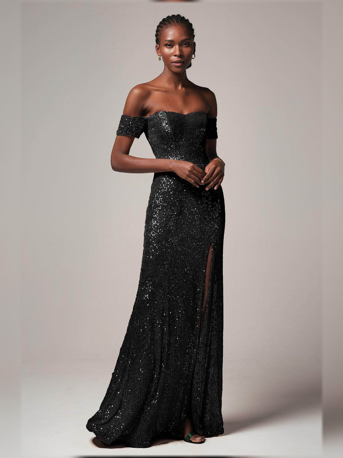 Black sheath floor-length formal dress with sequins, alternate view