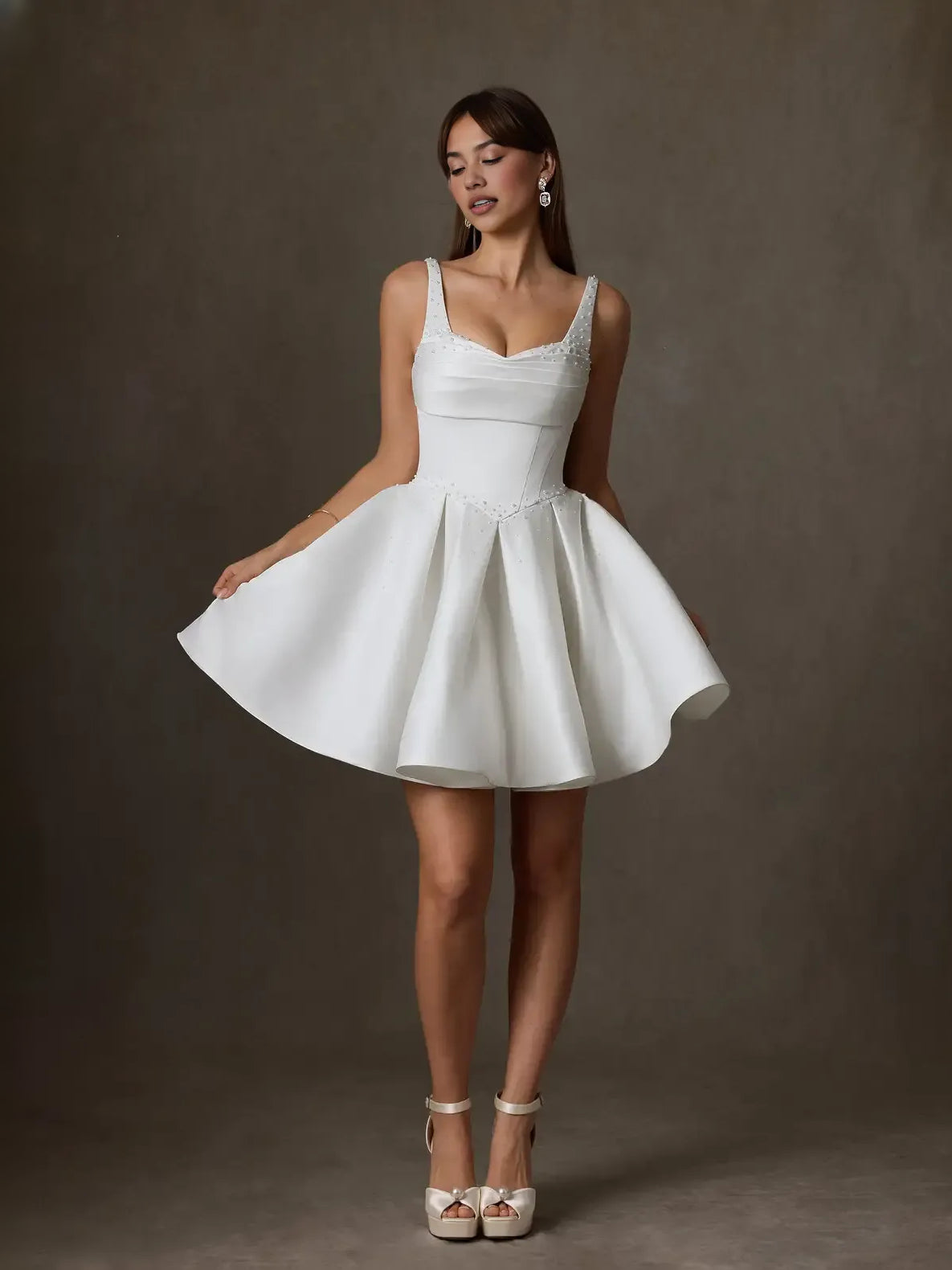 White mini wedding dress, alternate view showing the skirt and hem