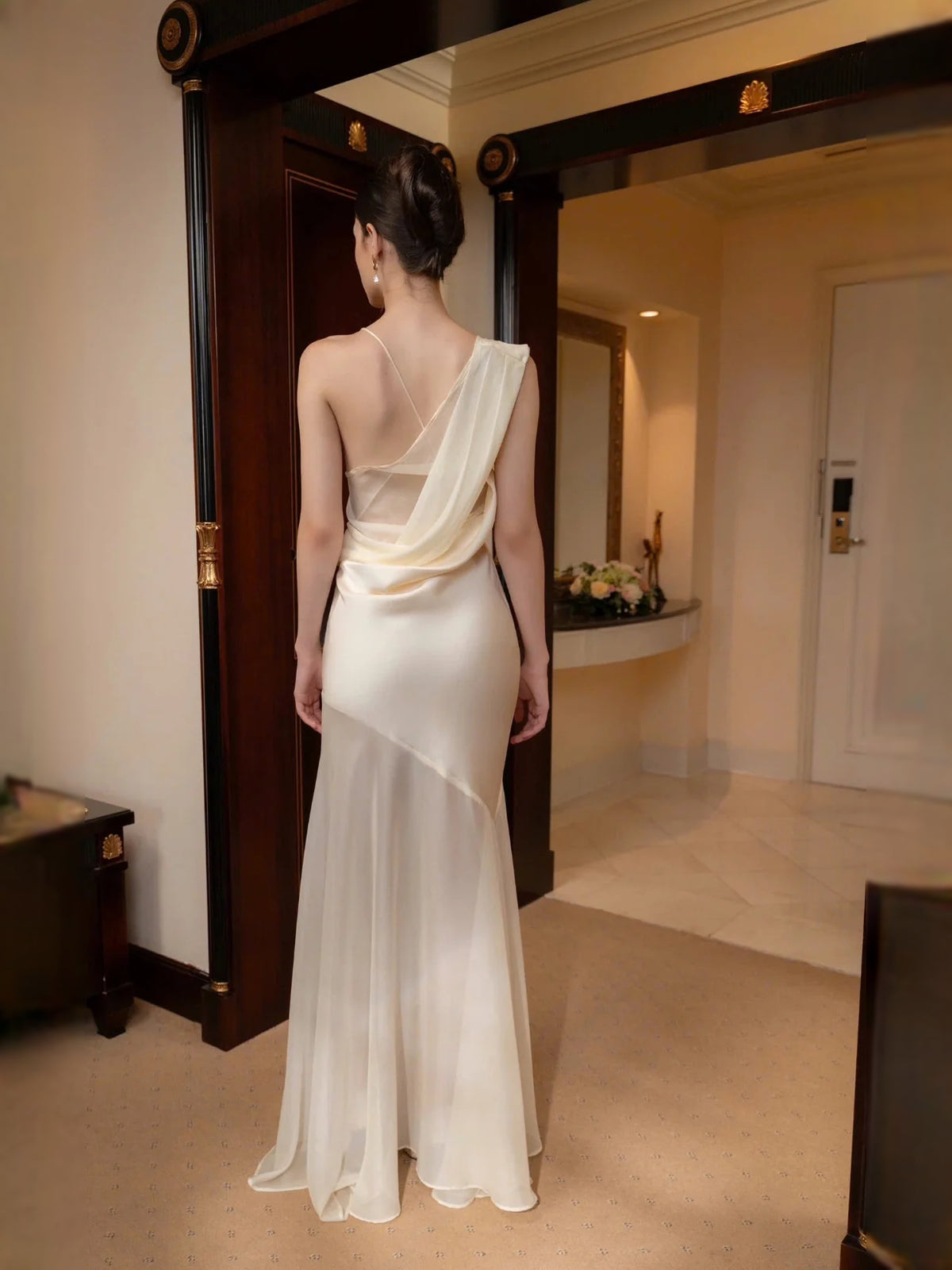 Blush Pink maxi prom dress, alternate view showing the skirt and hem