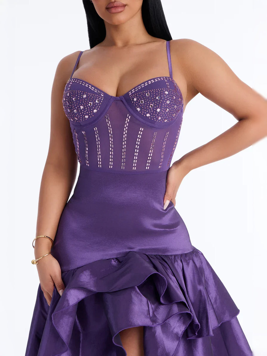 Black high-low prom dress, alternate view showing the skirt and hem