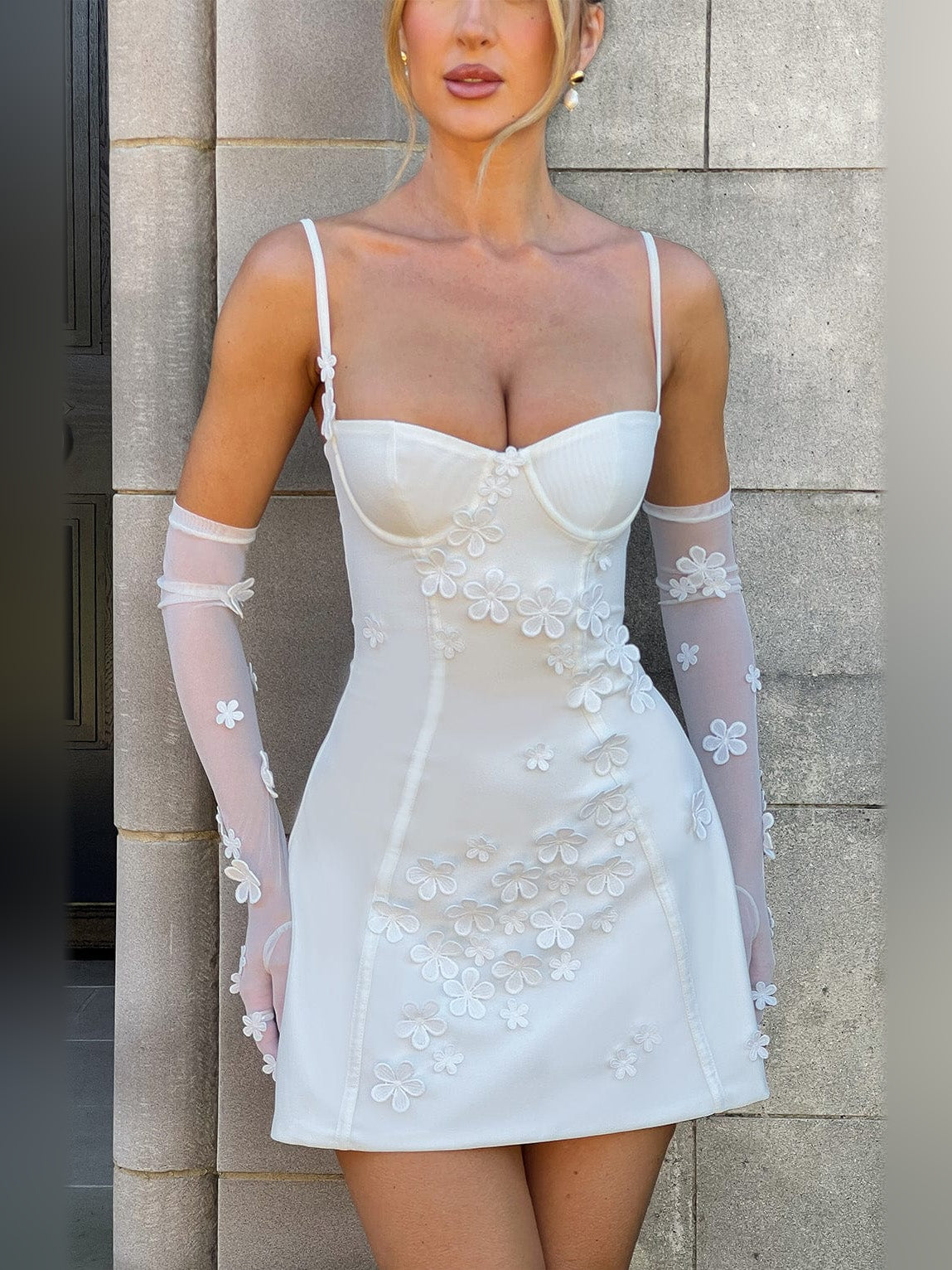 Ivory mini homecoming dress, alternate view showing the skirt and hem