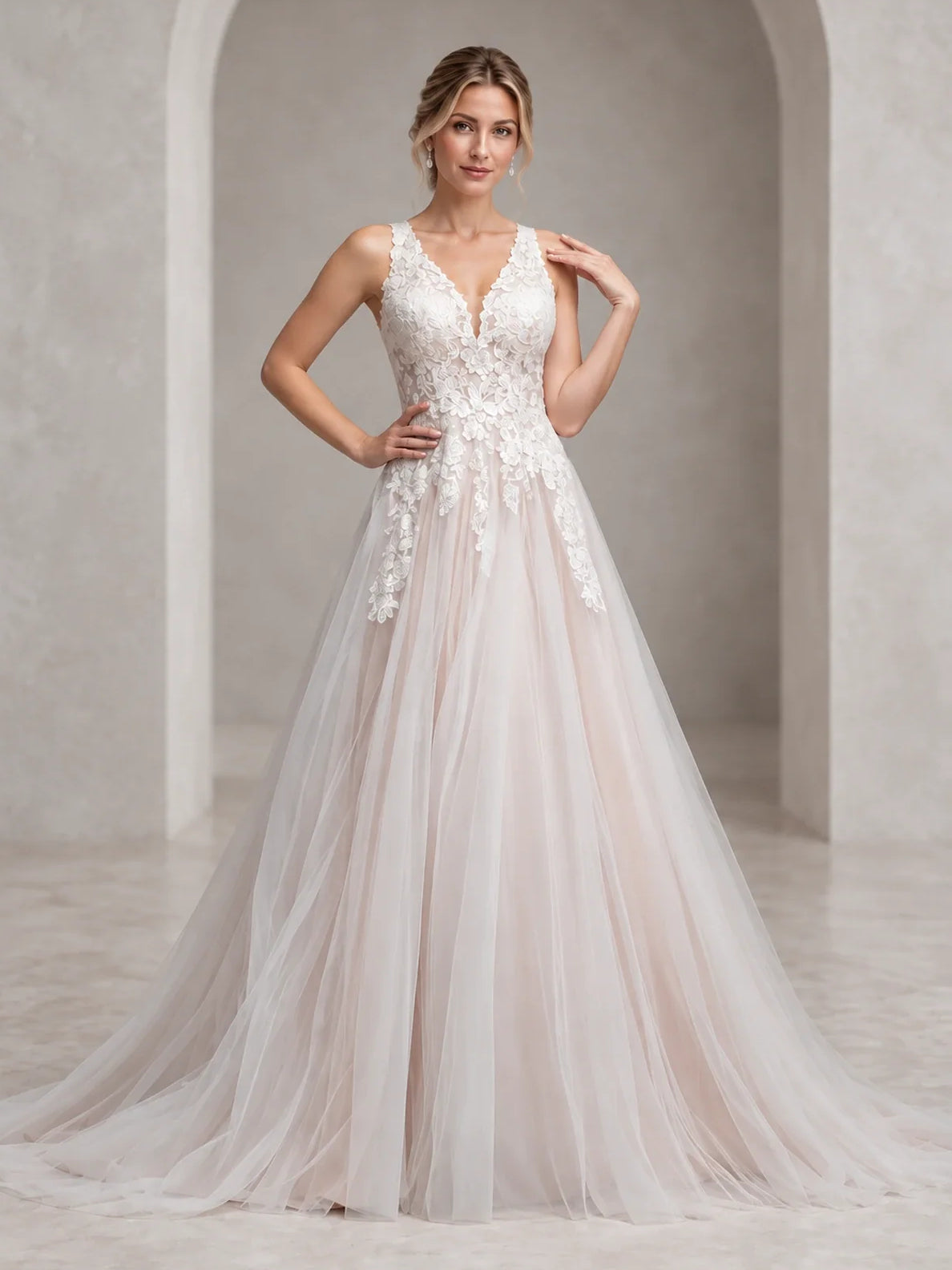 Ivory floor-length wedding dress, alternate view showing the skirt and hem