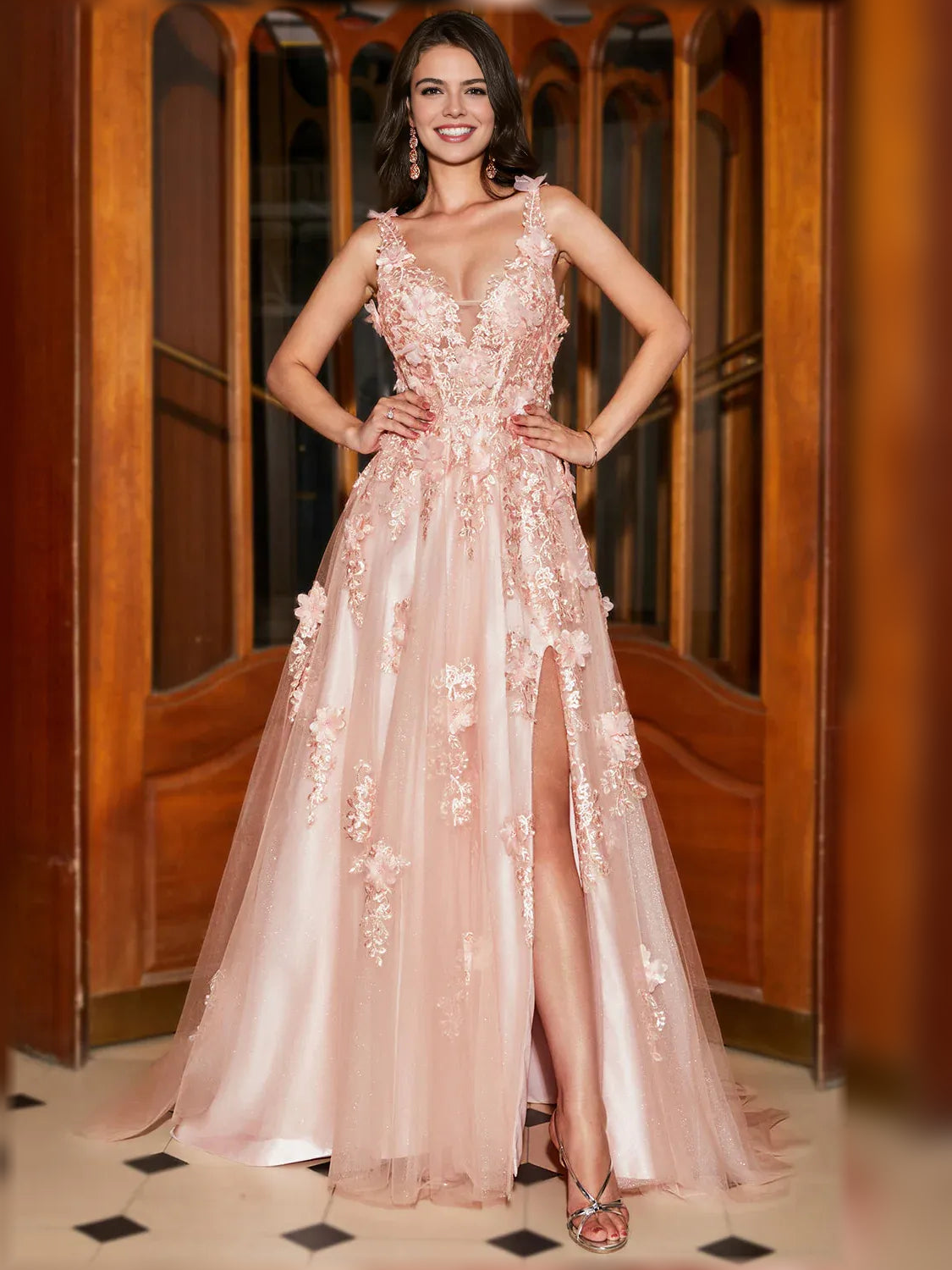 Light Pink a-line floor-length formal dress with floral print, alternate view