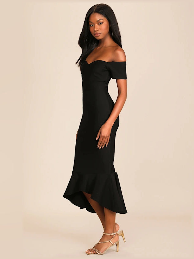 Black midi formal dress with off-the-shoulder neckline, alternate view showing the skirt