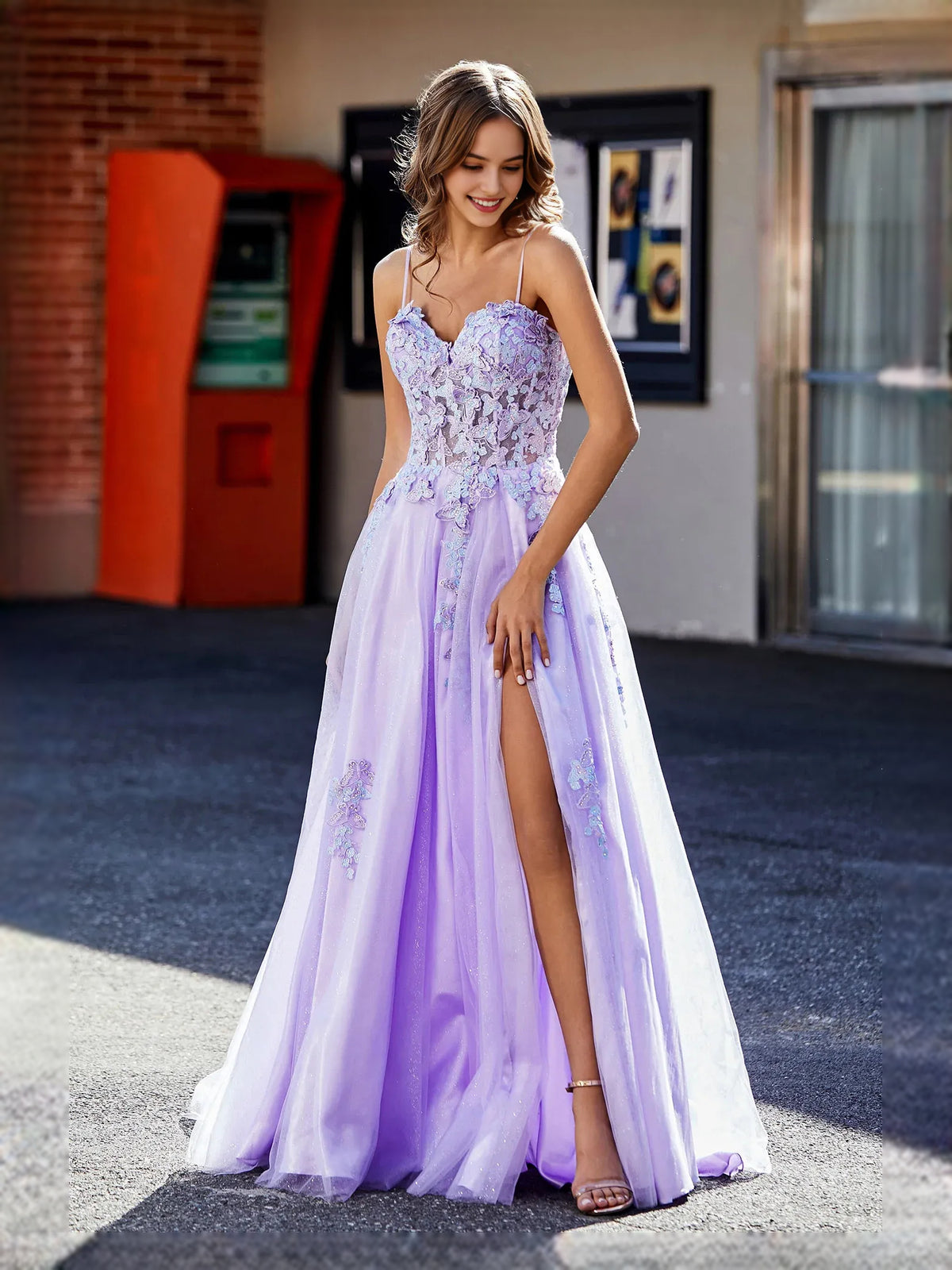 Lilac floor-length prom dress, alternate view showing the skirt and hem