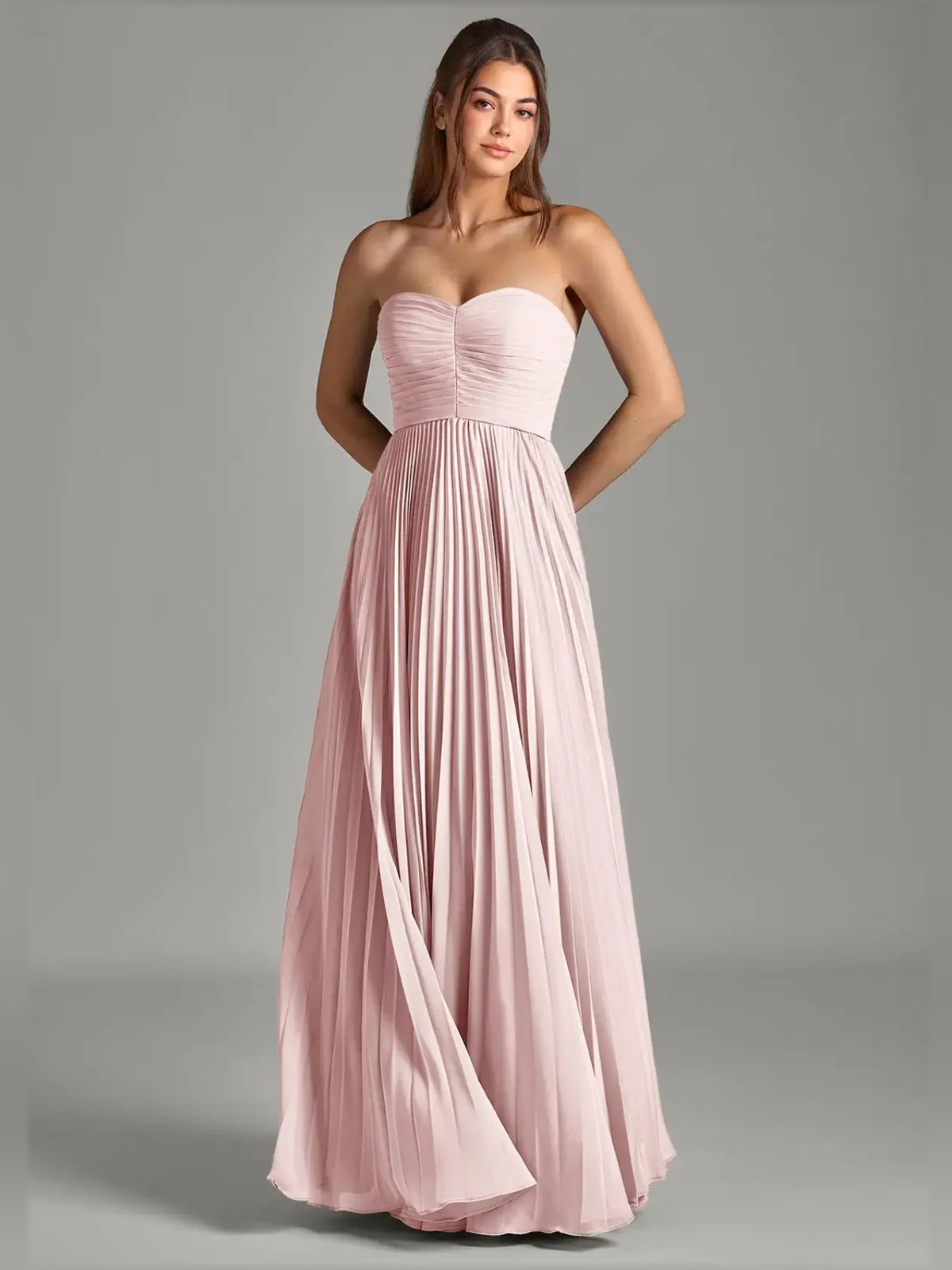 Blush Pink a-line floor-length formal dress with pleated skirt, alternate view