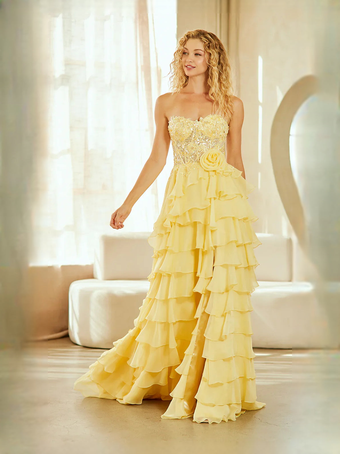 Yellow floor-length prom dress, alternate view showing the skirt and hem