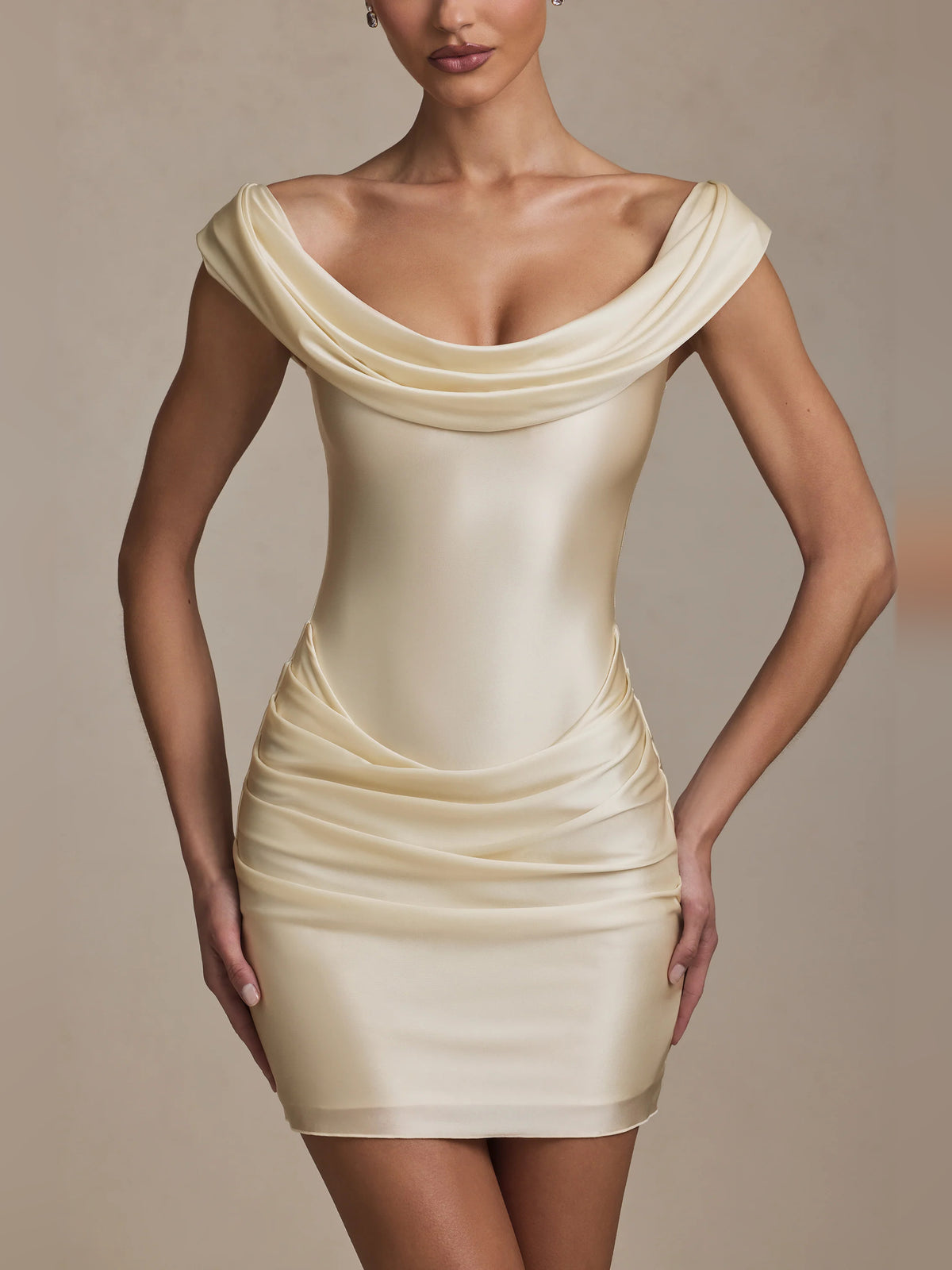Ivory mini homecoming dress, alternate view showing the skirt and hem