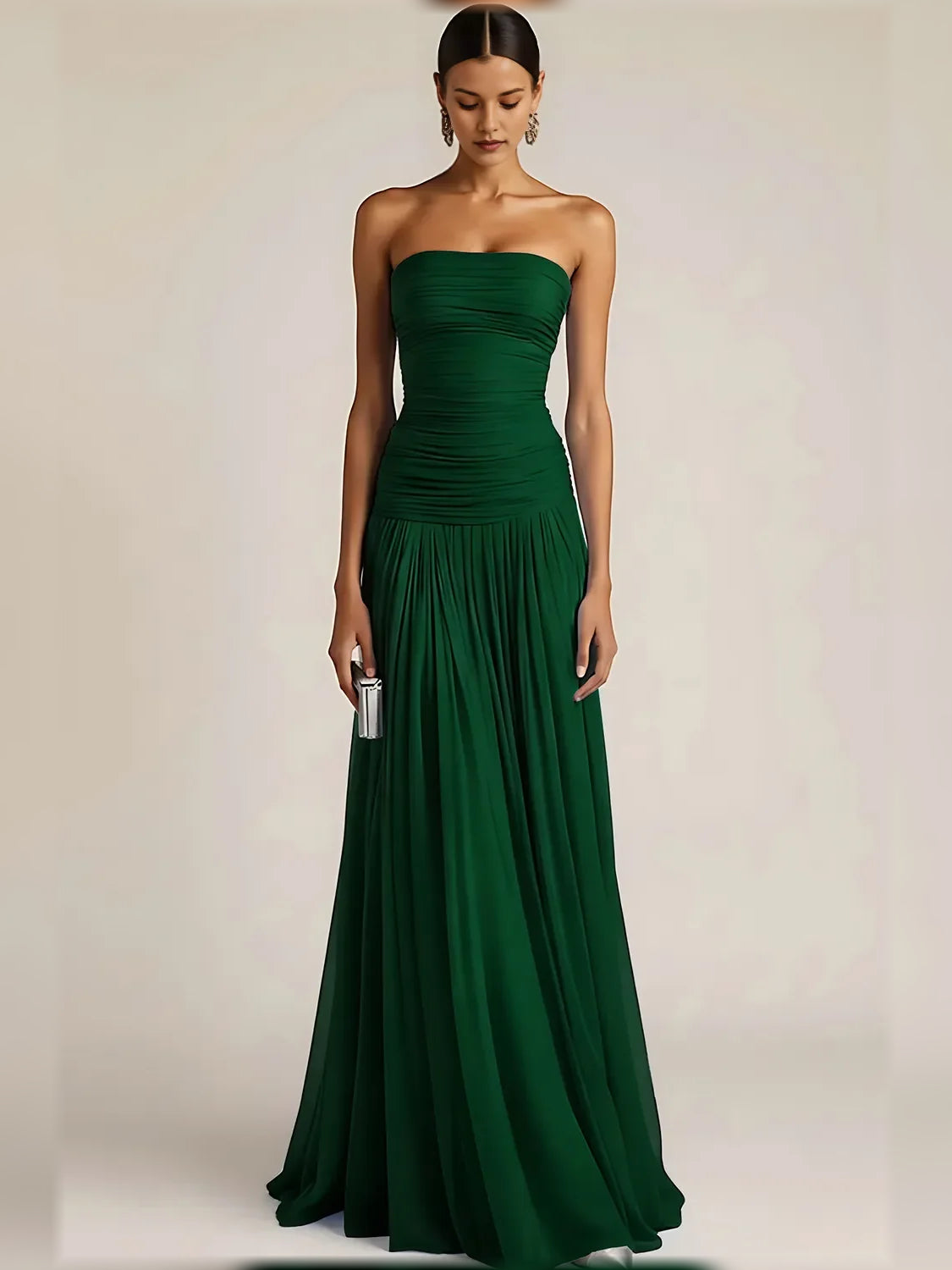 Emerald Green a-line floor-length formal dress with pleated skirt, alternate view