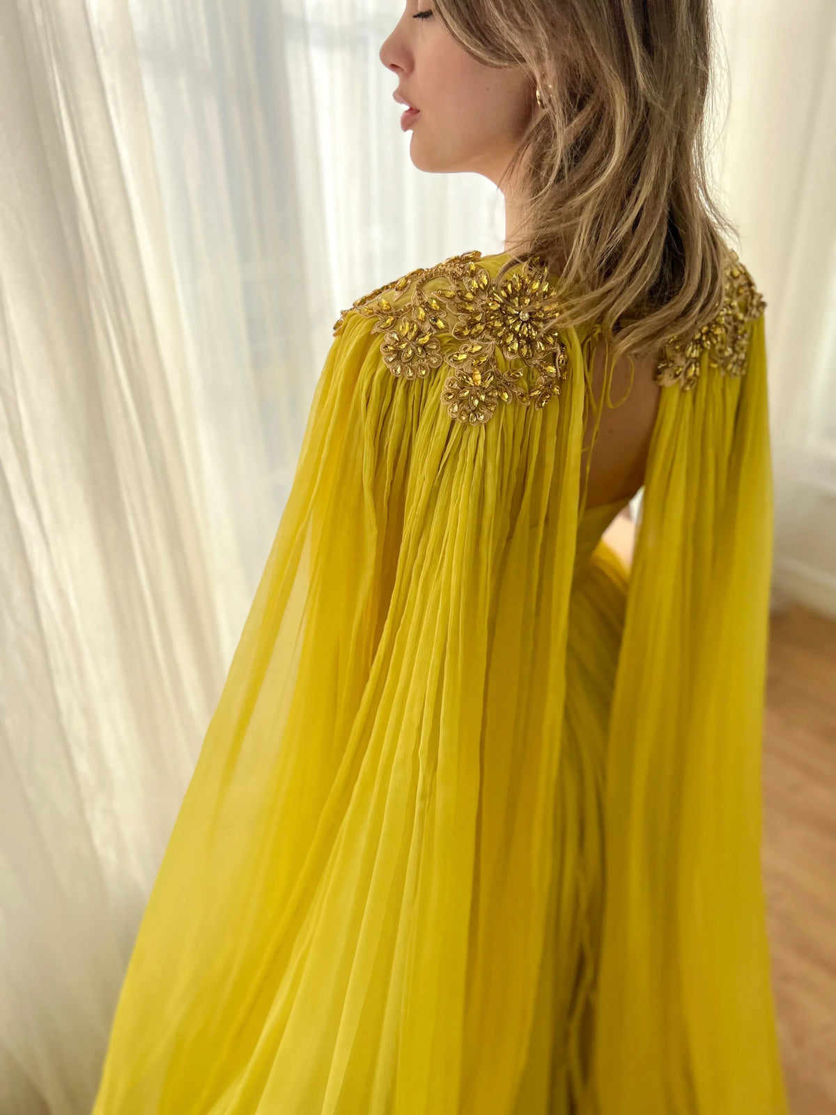 Yellow a-line floor-length formal dress with ruching, alternate view