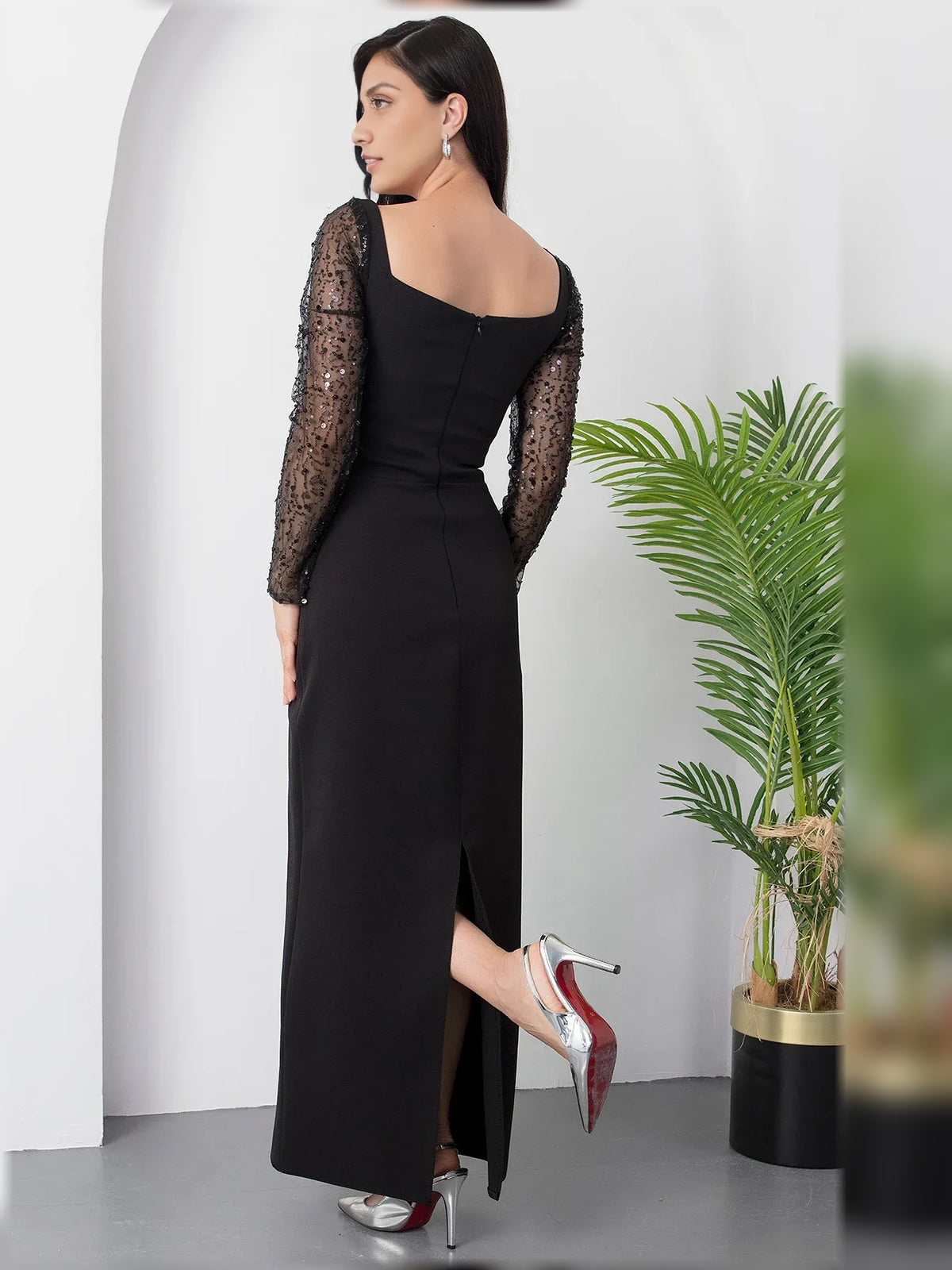 Navy Blue sheath floor-length formal dress with ruching, alternate view