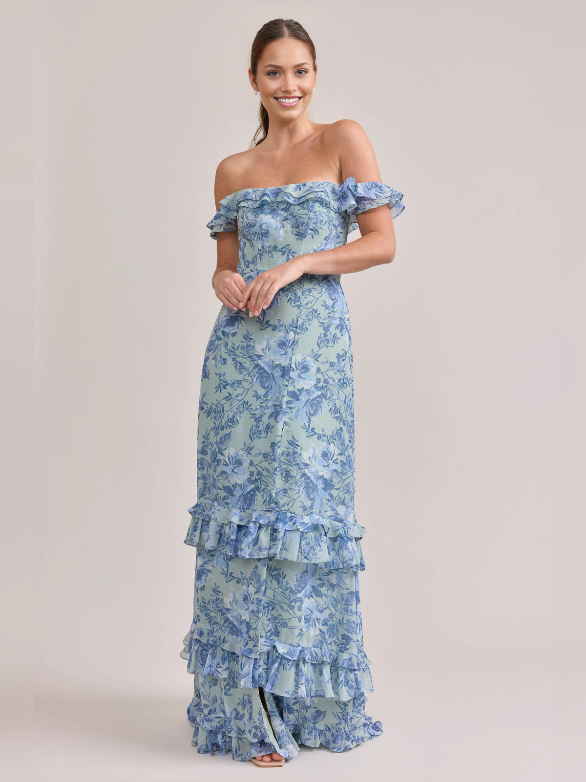 Sky-blue maxi prom dress, alternate view showing the skirt and hem