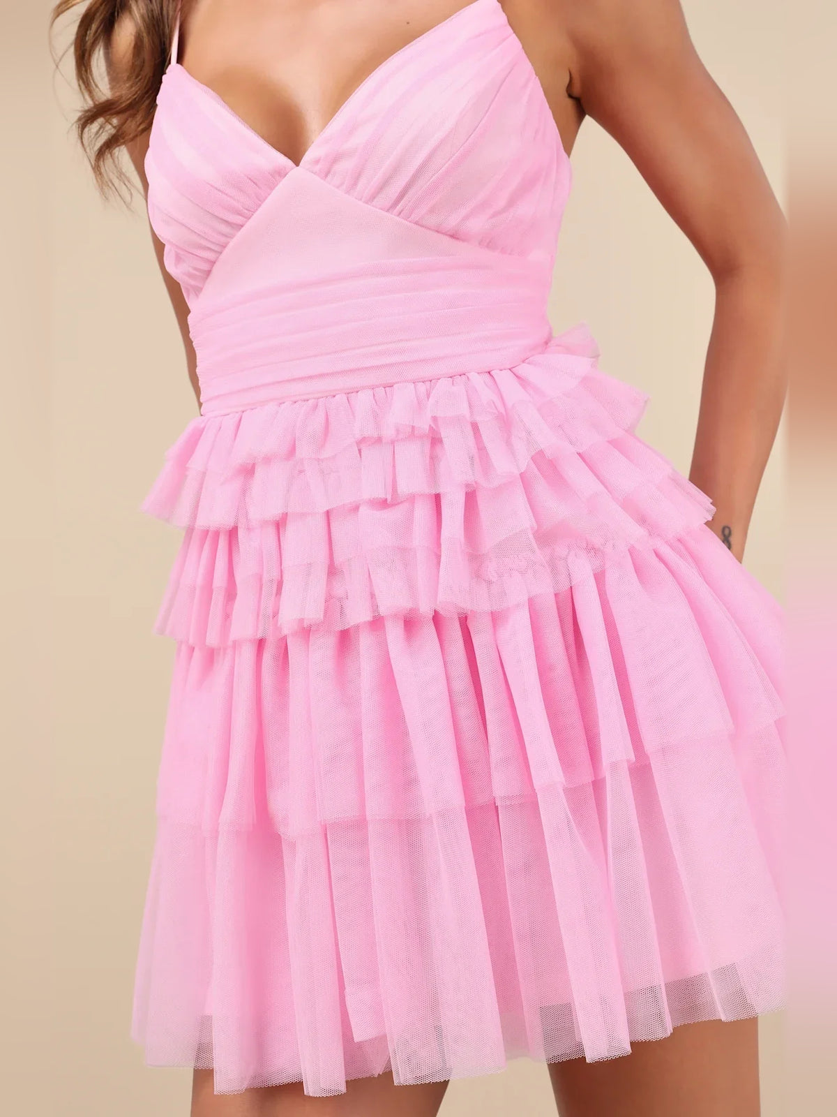 Canary mini homecoming dress, alternate view showing the skirt and hem