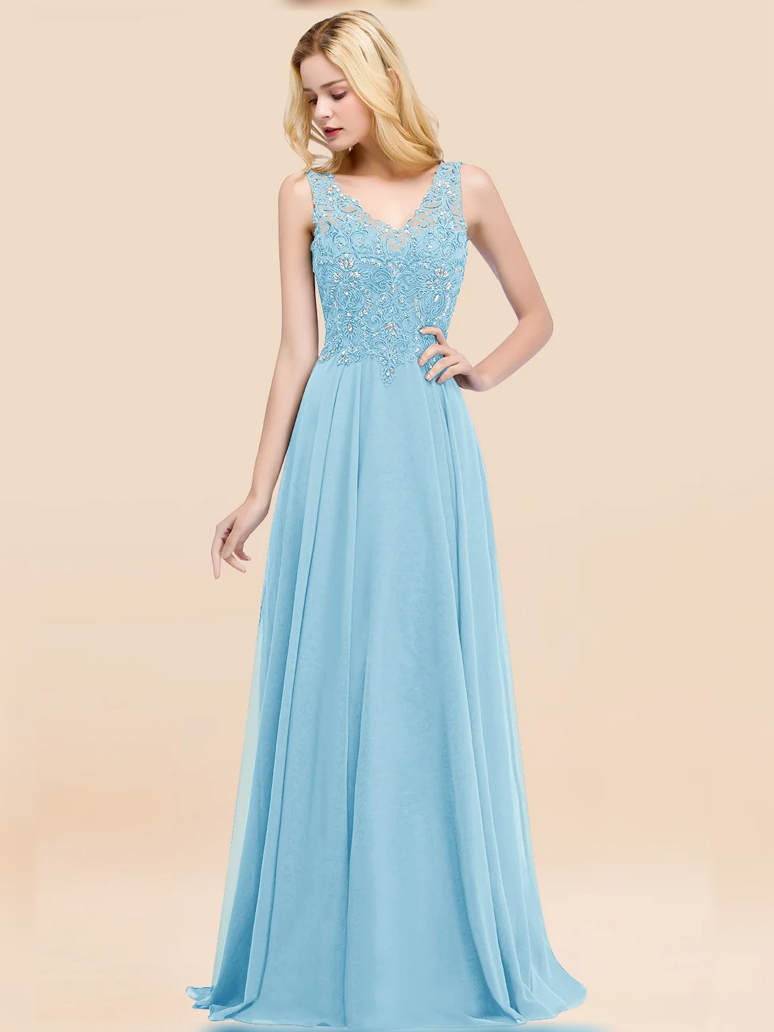 Blue floor-length bridesmaid dress, alternate view showing the skirt and hem