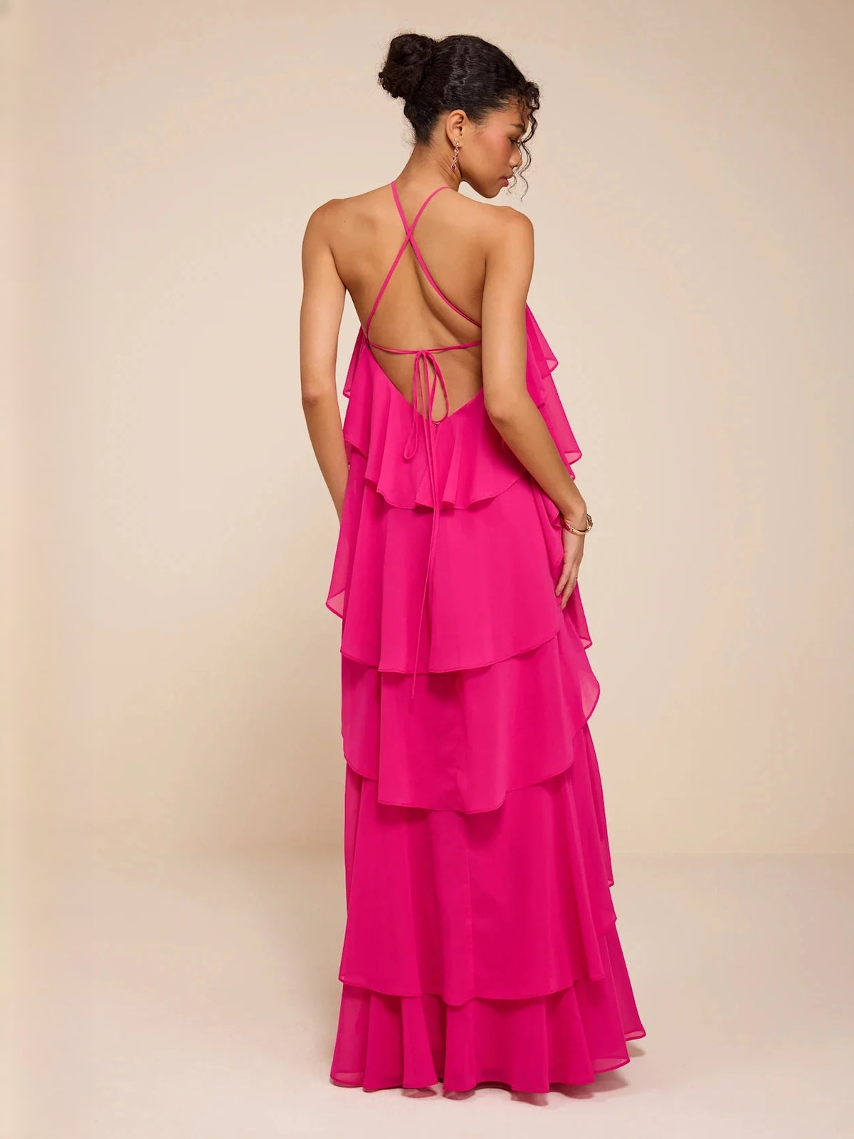 Hot Pink maxi bridesmaid dress, alternate view showing the skirt and hem