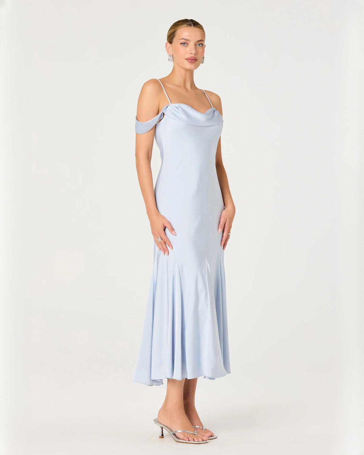 off-shoulder satin a-line midi bridesmaid dress - image 5