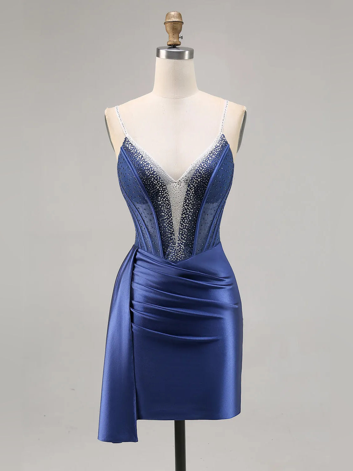 Dark Blue mini homecoming dress, alternate view showing the skirt and hem