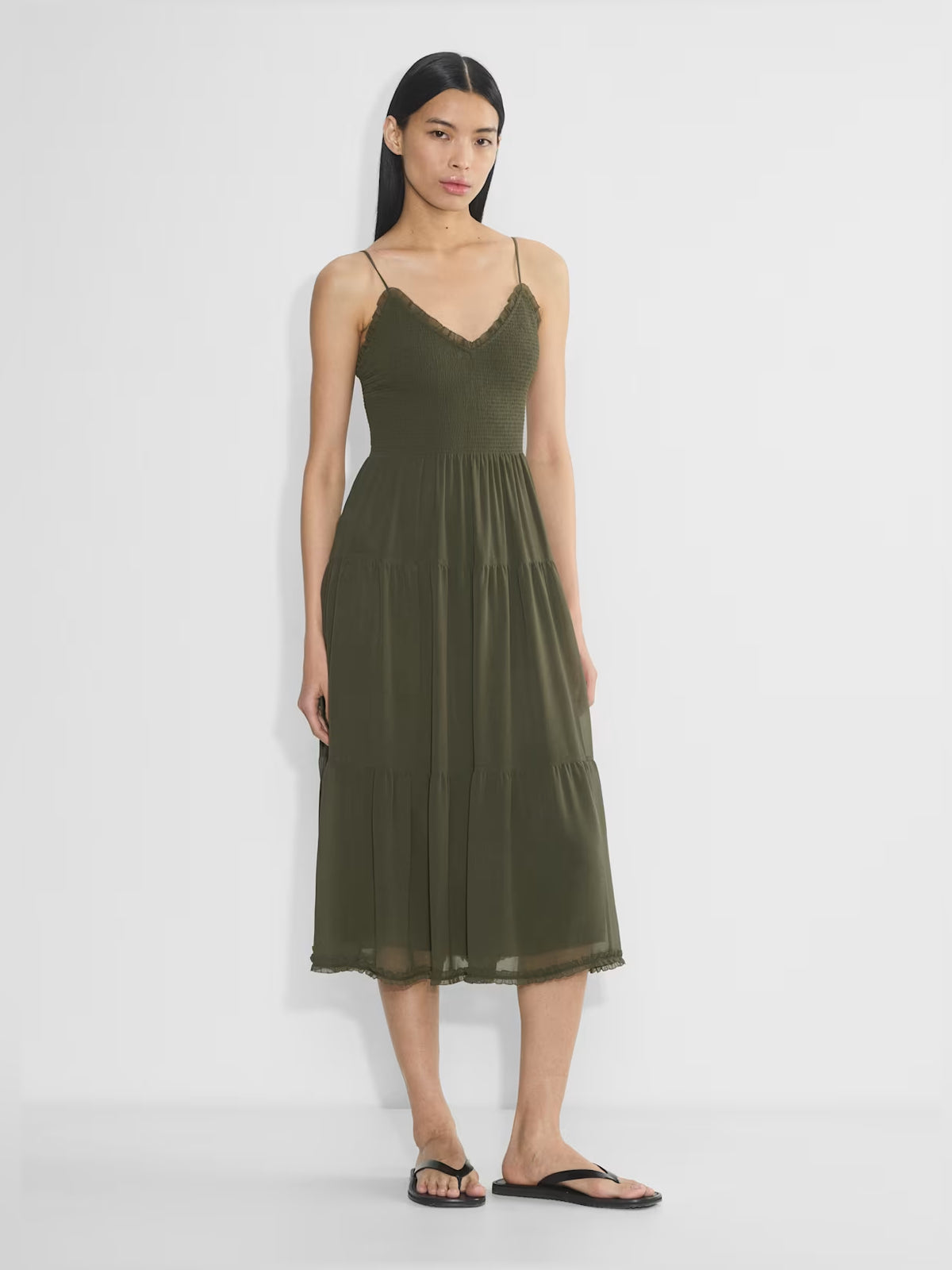 olive midi formal dress with tiered skirt, alternate view showing the skirt