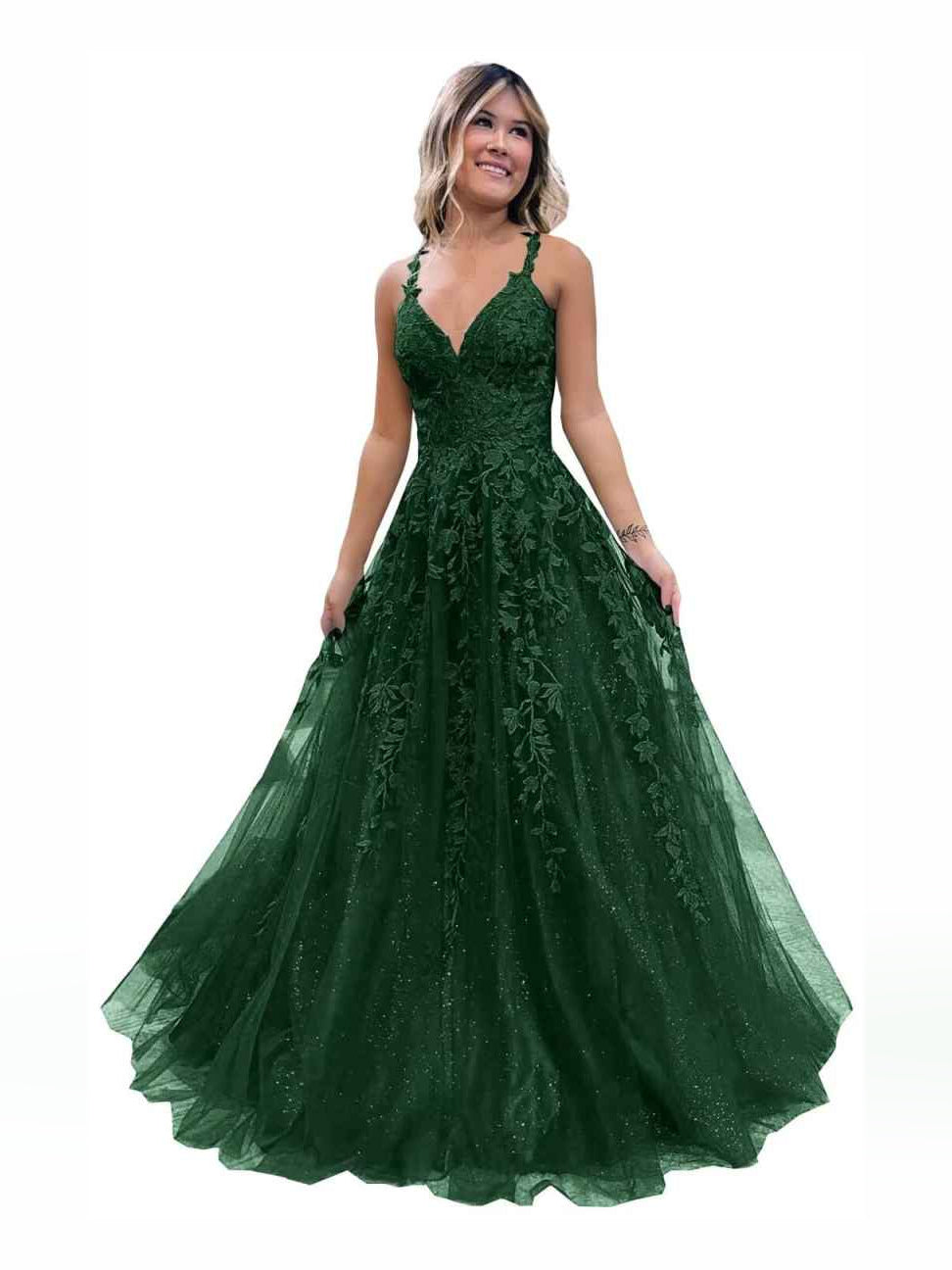 Emerald Green floor-length prom dress, alternate view showing the skirt and hem