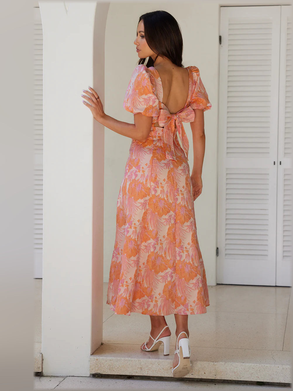 Pink midi formal dress, alternate view showing the skirt