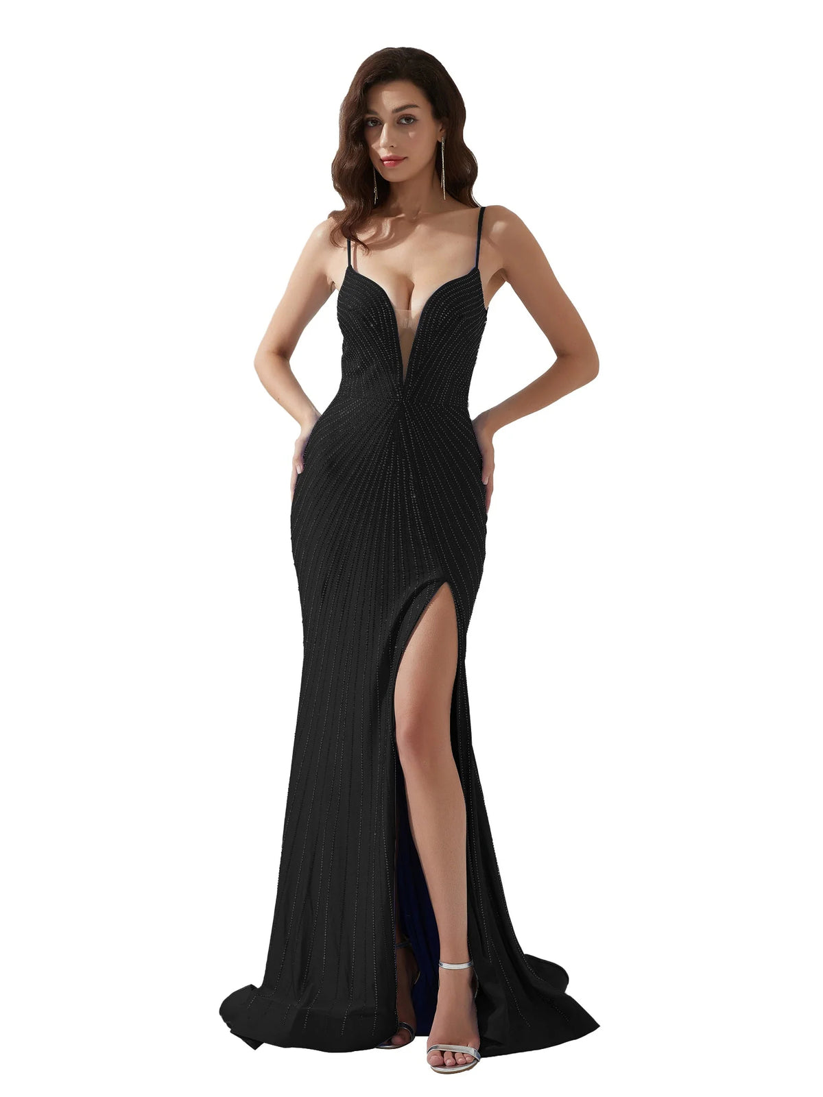 Black mermaid floor-length formal dress with beading, alternate view