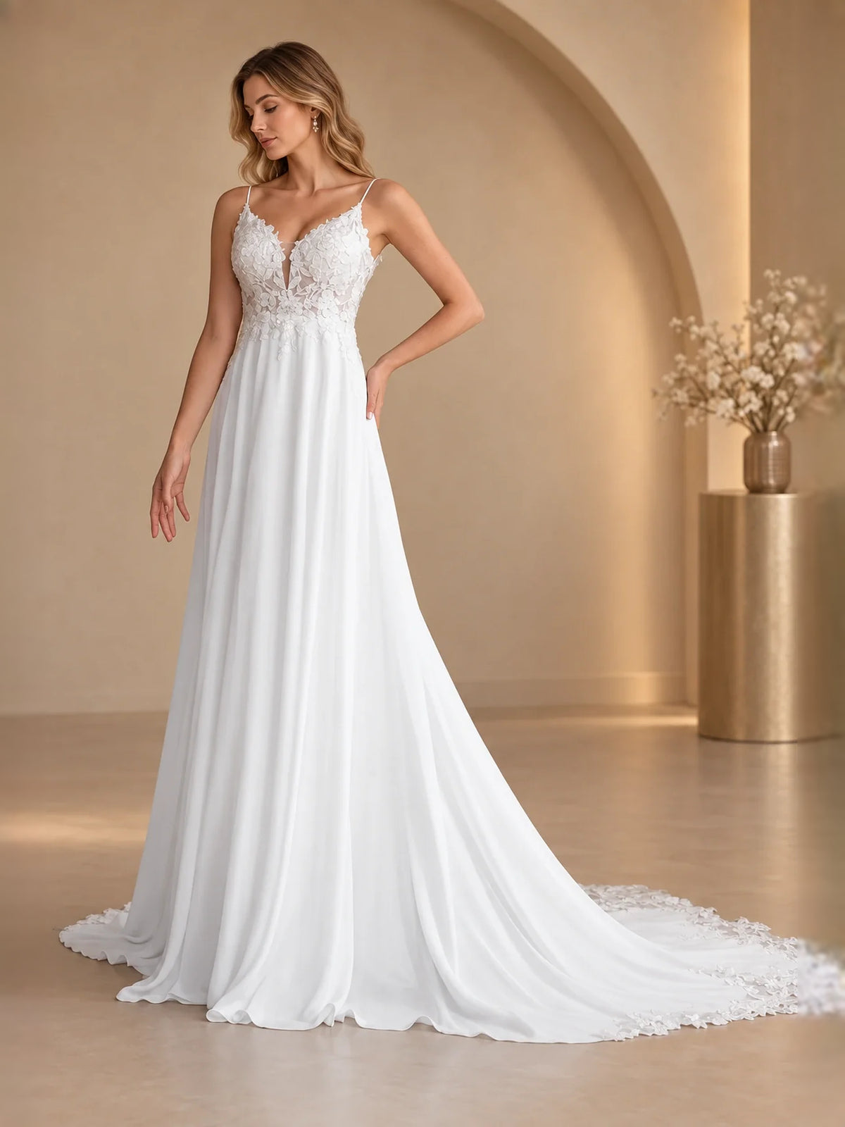 White floor-length wedding dress, alternate view showing the skirt and hem