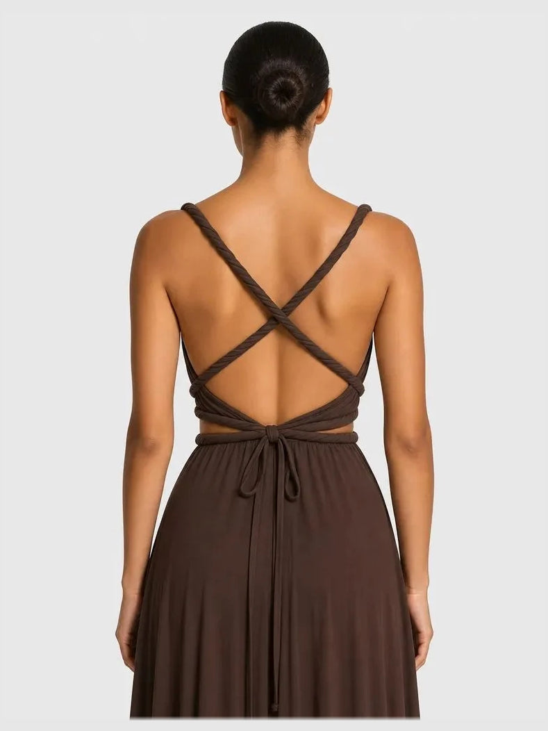 Chocolate maxi bridesmaid dress, alternate view showing the skirt and hem