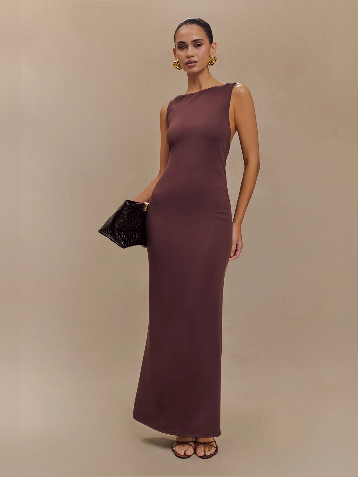 Brown midi formal dress, alternate view showing the skirt