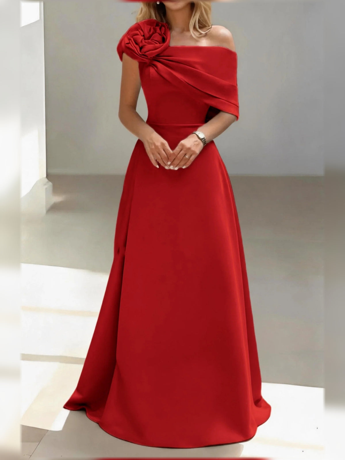 Dark Red floor-length mother of the bride dress, alternate view showing the skirt and hem