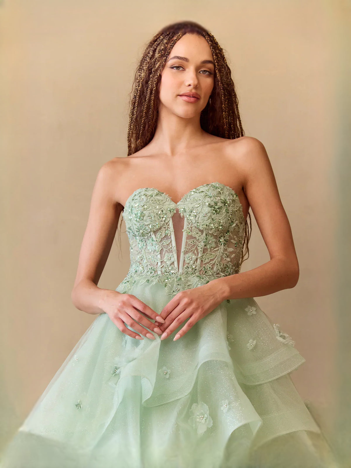 Sage Green floor-length prom dress, alternate view showing the skirt and hem