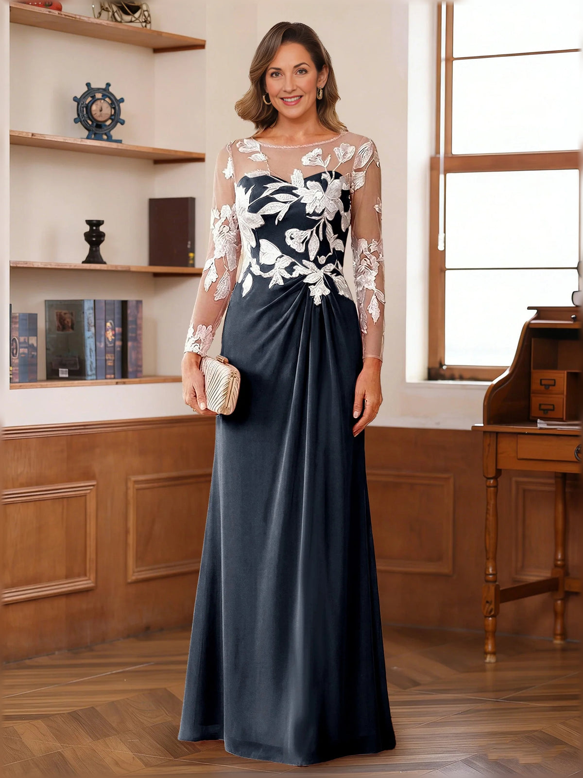 Dusty Blue floor-length mother of the bride dress, alternate view showing the skirt and hem