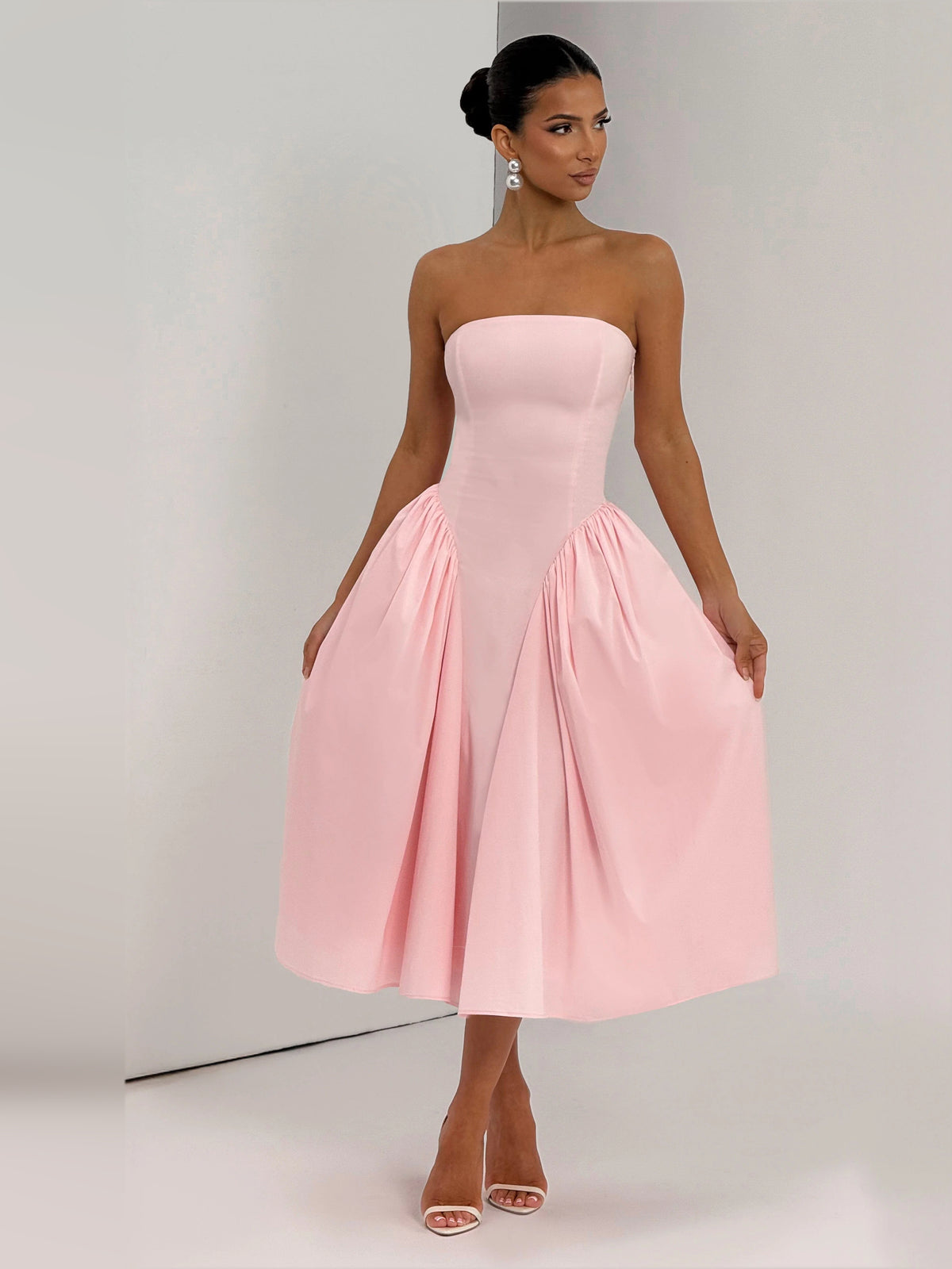 Blush midi formal dress, alternate view showing the skirt