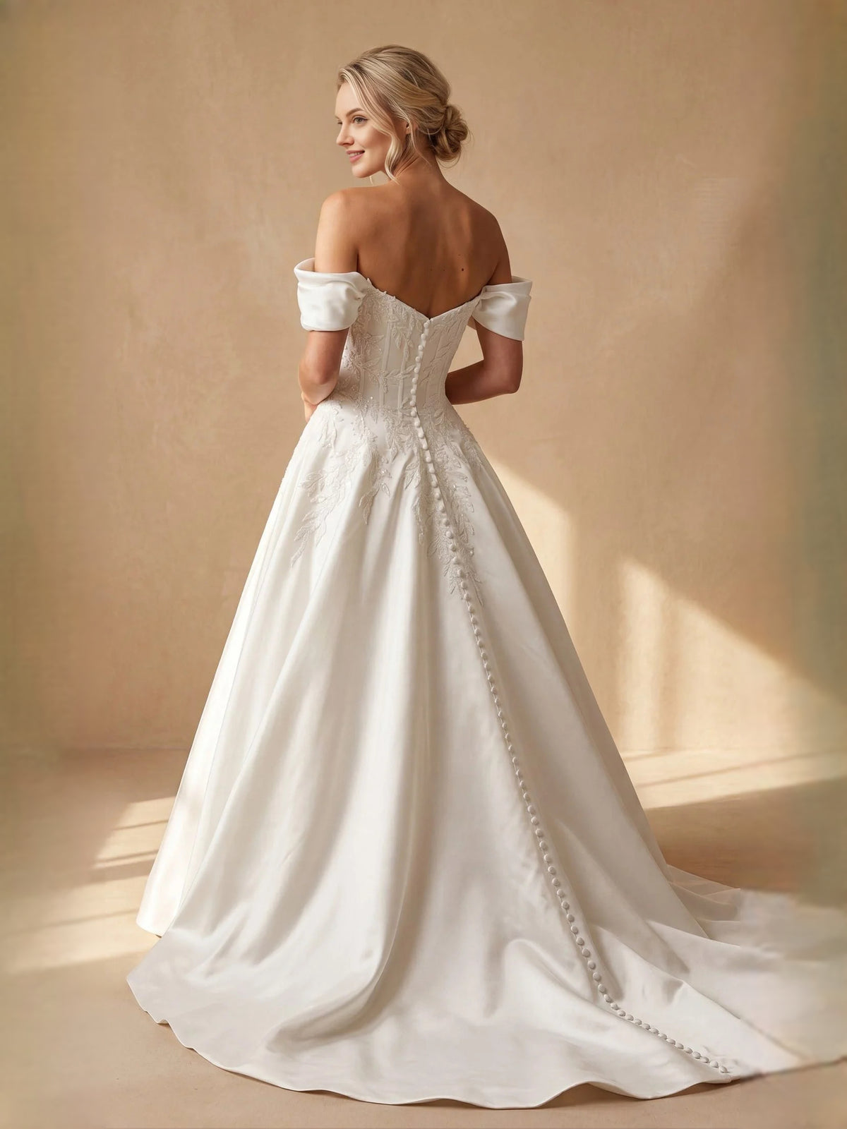 Ivory short wedding dress, alternate view showing the skirt and hem