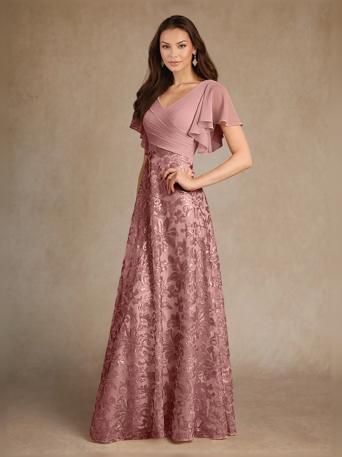 Dusty Rose maxi mother of the bride dress, alternate view showing the skirt and hem