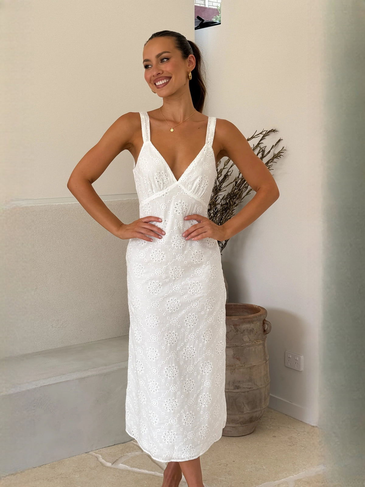 White midi formal dress, alternate view showing the skirt