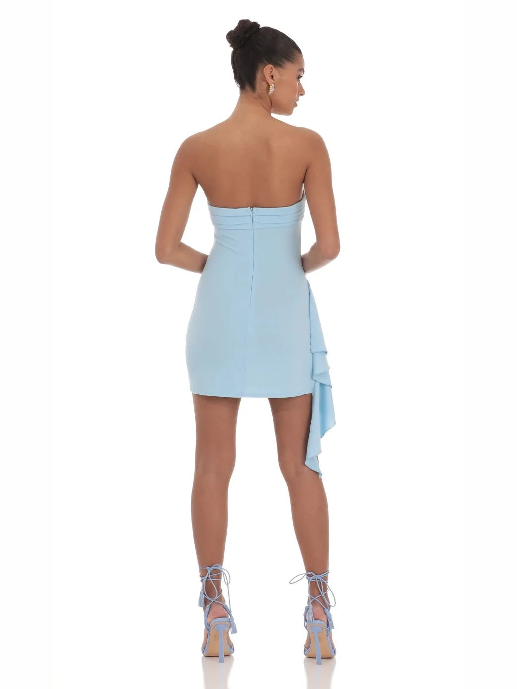 Sky Blue mini homecoming dress, alternate view showing the skirt and hem