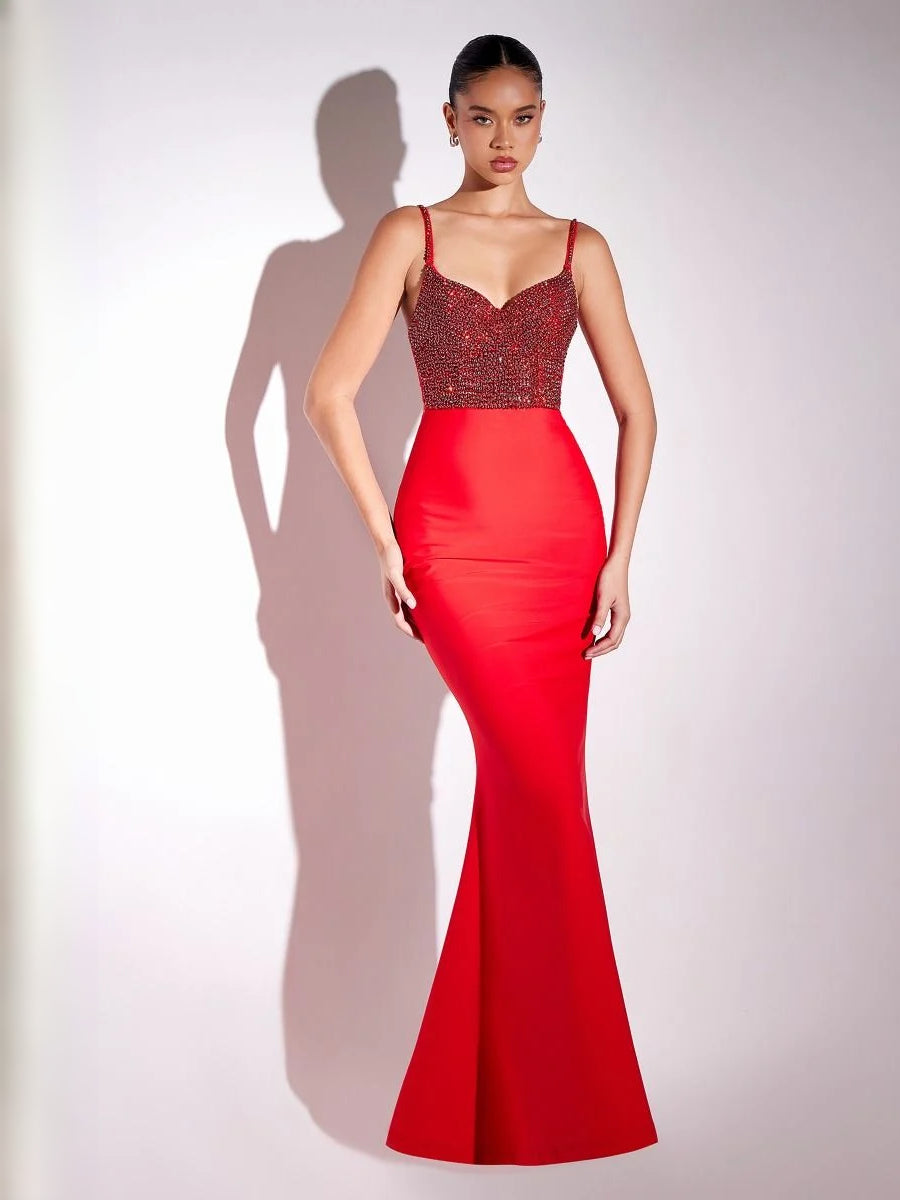 Red floor-length prom dress, front view showing the mermaid silhouette