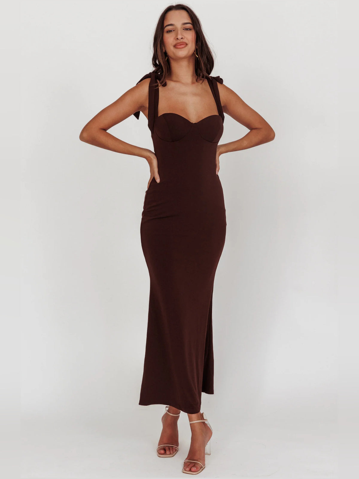 Brown sheath midi formal dress with sweetheart neckline, alternate view showing the skirt