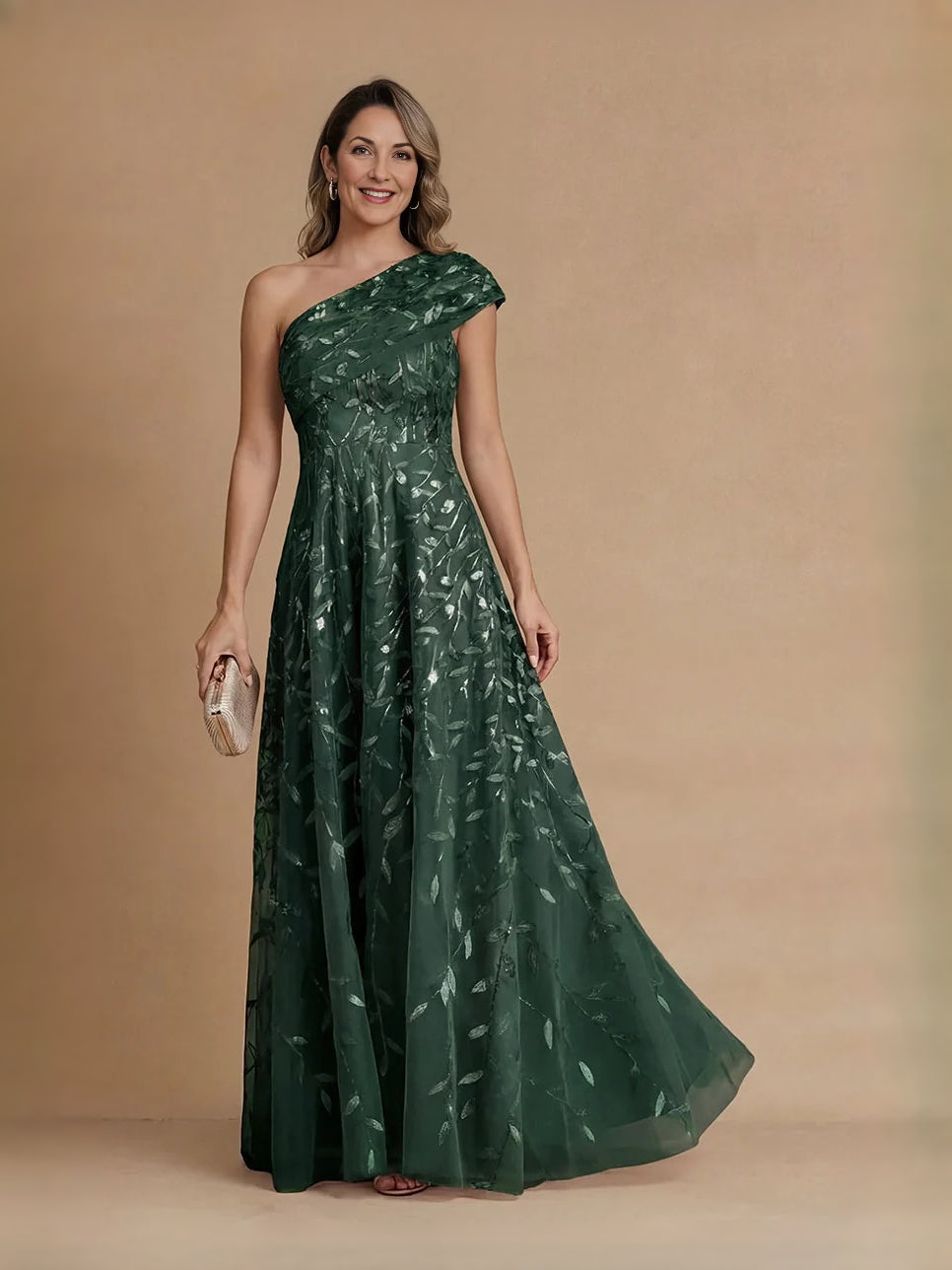 Dark Green maxi mother of the bride dress, alternate view showing the skirt and hem