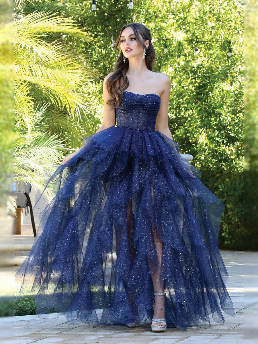 Dark Navy floor-length prom dress, alternate view showing the skirt and hem