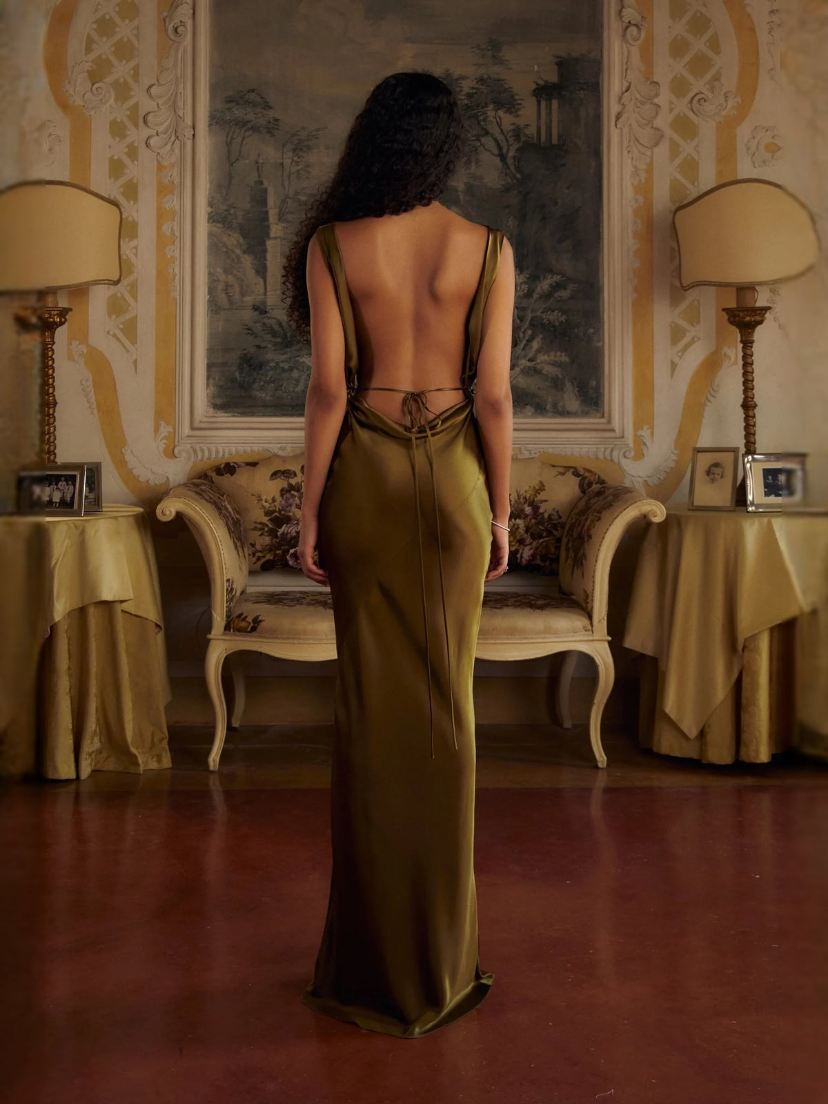 Olive Green maxi prom dress, alternate view showing the skirt and hem