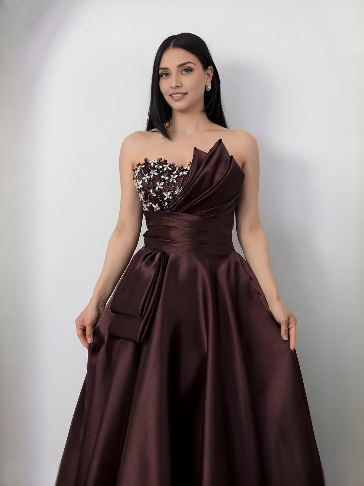 Espresso floor-length prom dress, alternate view showing the skirt and hem