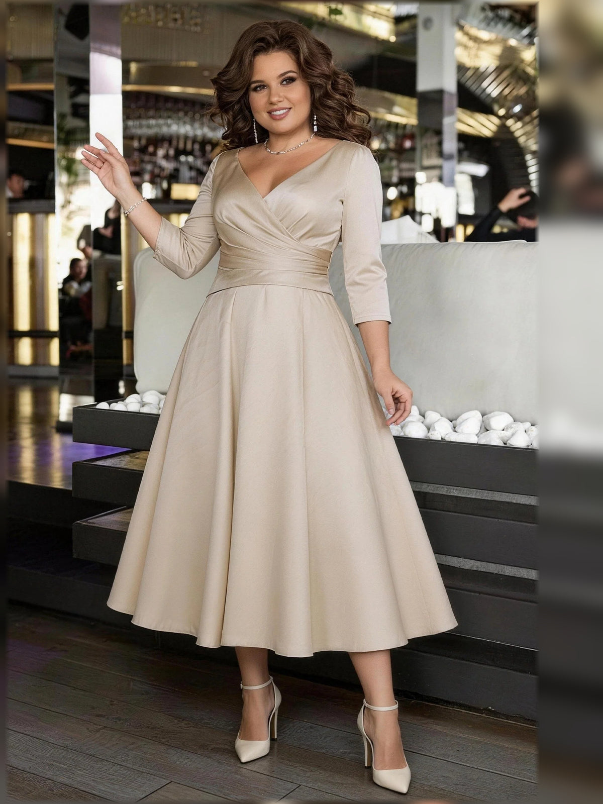 Champagne midi mother of the bride dress, alternate view showing the skirt and hem
