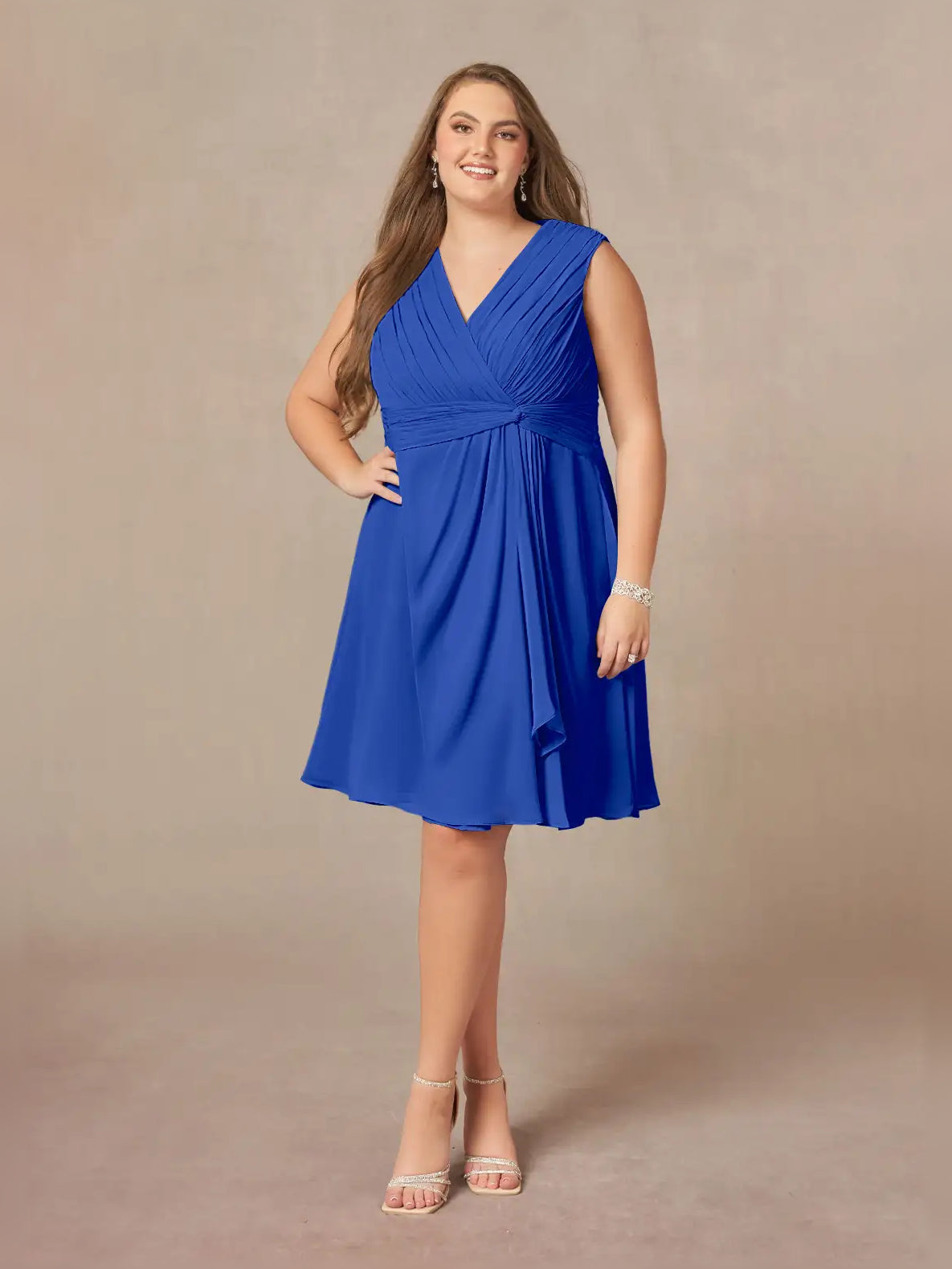 Royal Blue knee-length mother of the bride dress, alternate view showing the skirt and hem